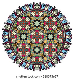 Mandala round ornament, tribal ethnic pattern, arabic Indian motif, isolated decorative element for card design, t-shirt print. Vector fashion illustration, hand drawn background