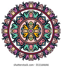 Mandala round ornament, tribal ethnic pattern, arabic Indian motif, isolated decorative element for card design, t-shirt print. Vector fashion illustration, hand drawn background