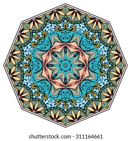 Mandala round ornament, tribal ethnic arabic Indian style, eight pointed circular abstract floral pattern, isolated decorative element for card design, t-shirt print. Vector fashion illustration.