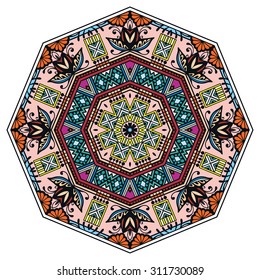Mandala round ornament, tribal ethnic arabic Indian style, isolated decorative element for card design, t-shirt print. Vector fashion illustration, eight pointed circular abstract floral pattern.