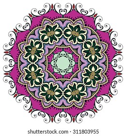 Mandala round ornament, tribal ethnic pattern, arabic Indian motif, isolated decorative element for card design, t-shirt print. Vector fashion illustration, hand drawn background