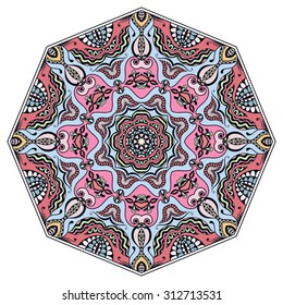 Mandala round ornament, tribal ethnic arabic Indian style, isolated decorative element for card design, t-shirt print. Vector fashion illustration, eight pointed circular abstract floral pattern.