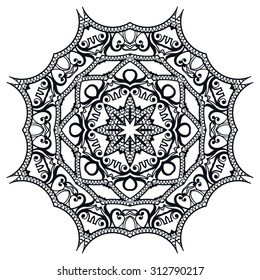 Mandala round ornament, tribal ethnic arabic Indian style, isolated decorative element for card design, t-shirt print. Vector fashion illustration, eight pointed circular abstract floral pattern.