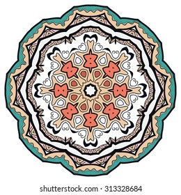 Mandala round ornament, tribal ethnic pattern, arabic Indian motif, isolated decorative element for card design, t-shirt print. Vector fashion illustration, hand drawn background
