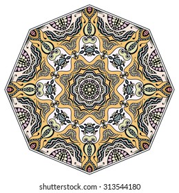 Mandala round ornament, tribal ethnic circular pattern. Vector design element for fabric print, Invitations or Cards.