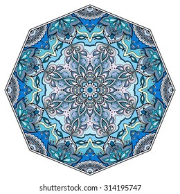 Mandala round ornament, tribal ethnic arabic Indian style, isolated decorative element for card design, t-shirt print. Vector fashion illustration, eight pointed circular abstract floral pattern.