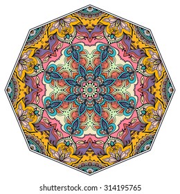 Mandala round ornament, tribal ethnic arabic Indian style, isolated decorative element for card design, t-shirt print. Vector fashion illustration, eight pointed circular abstract floral pattern.