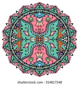 Mandala round ornament, tribal ethnic pattern, arabic Indian motif, isolated decorative element for card design, t-shirt print. Vector fashion illustration, hand drawn background