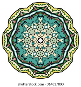 Mandala round ornament, tribal ethnic pattern, arabic Indian motif, isolated decorative element for card design, t-shirt print. Vector fashion illustration, hand drawn background