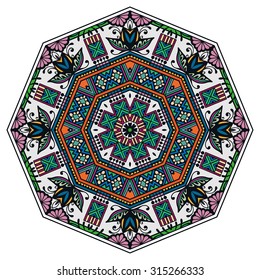 Mandala round ornament, tribal ethnic arabic Indian style, isolated decorative element for card design, t-shirt print. Vector fashion illustration, eight pointed circular abstract floral pattern.