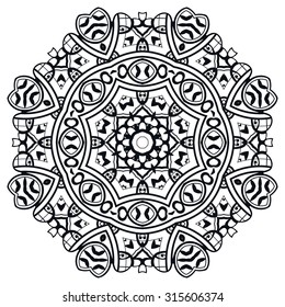 Mandala round ornament, tribal ethnic pattern, arabic Indian motif, isolated decorative element for card design, t-shirt print. Vector fashion illustration, hand drawn background
