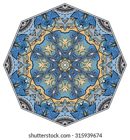 Mandala round ornament, tribal ethnic arabic Indian style, isolated decorative element for card design, t-shirt print. Vector fashion illustration, eight pointed circular abstract floral pattern.