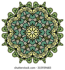 Mandala round ornament, tribal ethnic pattern, arabic Indian motif, isolated decorative element for card design, t-shirt print. Vector fashion illustration, hand drawn background
