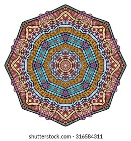 Mandala round ornament, tribal ethnic arabic Indian style, isolated decorative element for card design, t-shirt print. Vector fashion illustration, eight pointed circular abstract floral pattern.