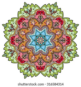 Mandala round ornament, tribal ethnic arabic Indian style, isolated decorative element for card design, t-shirt print. Vector fashion illustration, eight pointed circular abstract floral pattern.