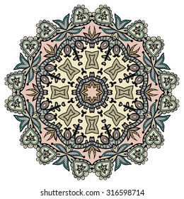 Mandala round ornament, tribal ethnic pattern, arabic Indian motif, isolated decorative element for card design, t-shirt print. Vector fashion illustration, hand drawn background
