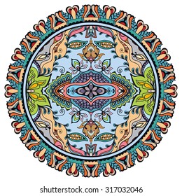 Mandala round ornament, tribal ethnic pattern, arabic Indian motif, isolated decorative element for card design, t-shirt print. Vector fashion illustration, hand drawn background
