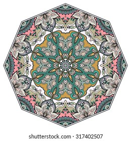 Mandala round ornament, tribal ethnic arabic Indian style, isolated decorative element for card design, t-shirt print. Vector fashion illustration, eight pointed circular abstract floral pattern.