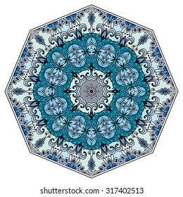 Mandala round ornament, tribal ethnic arabic Indian style, isolated decorative element for card design, t-shirt print. Vector fashion illustration, eight pointed circular abstract floral pattern.