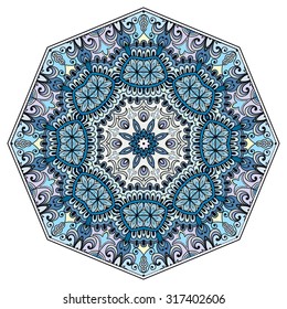 Mandala round ornament, tribal ethnic arabic Indian style, isolated decorative element for card design, t-shirt print. Vector fashion illustration, eight pointed circular abstract floral pattern.