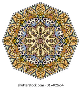 Mandala round ornament, tribal ethnic arabic Indian style, isolated decorative element for card design, t-shirt print. Vector fashion illustration, eight pointed circular abstract floral pattern.