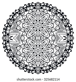 Mandala round ornament, tribal ethnic arabic Indian motif, black and white circular abstract floral geometric pattern. Hand drawn decorative vector design element 