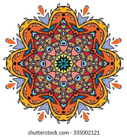 Mandala round ornament, tribal ethnic arabic Indian style, isolated decorative element for card design, t-shirt print. Vector fashion illustration, eight pointed circular abstract floral pattern.