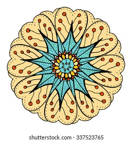 Mandala round ornament, tribal ethnic pattern, arabic Indian motif, isolated decorative element for card design, t-shirt print. Vector fashion illustration, hand drawn background