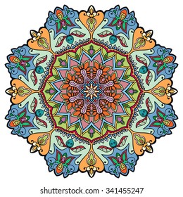 Mandala round ornament, tribal ethnic arabic Indian motif, eight pointed circular abstract floral geometric pattern. Hand drawn decorative element, isolated on white background. Vector illustration