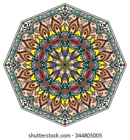 Mandala round ornament, tribal ethnic arabic Indian motif, eight pointed circular abstract floral geometric pattern. Hand drawn decorative element, isolated on white background. Vector illustration