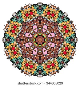 Mandala round ornament, tribal ethnic arabic Indian motif, eight pointed circular abstract floral geometric pattern. Hand drawn decorative element, isolated on white background. Vector illustration