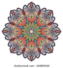 Mandala round ornament, tribal ethnic arabic Indian motif, eight pointed circular abstract floral geometric pattern. Hand drawn decorative element, isolated on white background. Vector illustration