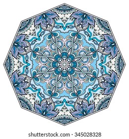 Mandala round ornament, tribal ethnic arabic Indian motif, eight pointed circular abstract floral geometric pattern. Hand drawn decorative element, isolated on white background. Vector illustration