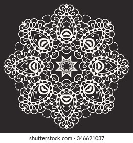 Mandala round ornament, tribal ethnic arabic Indian motif, eight pointed circular abstract floral geometric pattern. Hand drawn decorative element. Black and white background