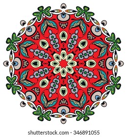 Mandala round ornament, tribal ethnic arabic Indian motif, eight pointed circular abstract floral geometric pattern. Hand drawn decorative element, isolated on white background. Vector illustration
