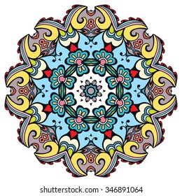 Mandala round ornament, tribal ethnic arabic Indian motif, eight pointed circular abstract floral geometric pattern. Hand drawn decorative element, isolated on white background. Vector illustration