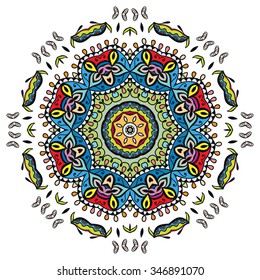 Mandala round ornament, tribal ethnic arabic Indian motif, eight pointed circular abstract floral geometric pattern. Hand drawn decorative element, isolated on white background. Vector illustration