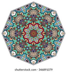 Mandala round ornament, tribal ethnic arabic Indian motif, eight pointed circular abstract floral geometric pattern. Hand drawn decorative element, isolated on white background. Vector illustration