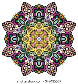 Mandala round ornament, tribal ethnic arabic Indian motif, eight pointed circular abstract floral geometric pattern. Hand drawn decorative element, isolated on white background. Vector illustration