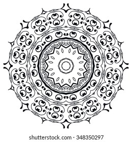 Mandala round ornament, tribal ethnic arabic Indian motif, eight pointed circular abstract floral geometric pattern. Hand drawn decorative element. Black and white background