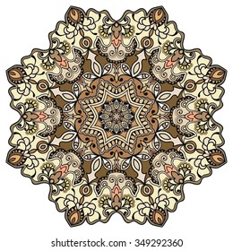 Mandala round ornament, tribal ethnic arabic Indian motif, eight pointed circular abstract floral geometric pattern. Hand drawn decorative element, isolated on white background. Vector illustration