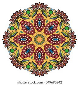Mandala round ornament, tribal ethnic arabic Indian motif, eight pointed circular abstract floral geometric pattern. Hand drawn decorative element, isolated on white background. Vector illustration