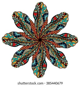 Mandala round ornament, tribal ethnic arabic Indian motif, eight pointed circular abstract floral geometric pattern. Hand drawn decorative element, isolated on white background. Vector illustration