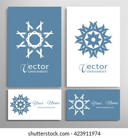 Mandala round ornaments and business cards set. Decorative design elements for logo, icon, label, invitation cards. Isolated floral patterns, stylized flower, star, snowflake. Tribal ethnic decoration