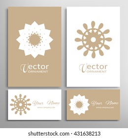 Mandala round ornaments, business cards set. Decorative design elements for logo, icon, label, invitation cards. Isolated floral patterns, stylized flower, star, snowflake. Tribal ethnic mandala decor