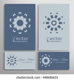Mandala round ornaments, business cards set. Decorative design elements for logo, icon, label, invitation cards. Isolated floral patterns, stylized flower, star, snowflake. Tribal ethnic mandala decor