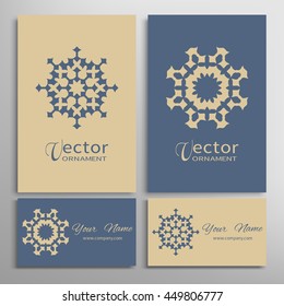 Mandala round ornaments, business cards set. Decorative design elements for logo, icon, label, invitation cards. Isolated floral patterns, stylized flower, star, snowflake. Tribal ethnic mandala decor
