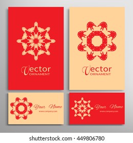 Mandala round ornaments, business cards set. Decorative design elements for logo, icon, label, invitation cards. Isolated floral patterns, stylized flower, star, snowflake. Tribal ethnic mandala decor