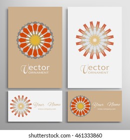 Mandala round ornaments, business cards set. Decorative design elements for logo, icon, label, invitation cards. Isolated floral patterns, stylized flower, star, snowflake. Tribal ethnic mandala decor