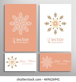 Mandala round ornaments, business cards set. Decorative design elements for logo, icon, label, invitation cards. Isolated floral patterns, stylized flower, star, snowflake. Tribal ethnic mandala decor